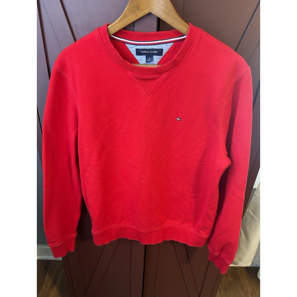 Tommy Hilfiger Men's M Red Crewneck Sweatshirt Flag Logo Cotton Blend